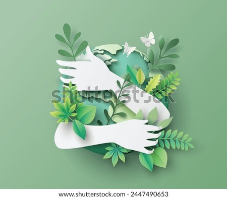 
World environment and earth day concept with two hands hug the world, paper cut art style.Content with vector Application.