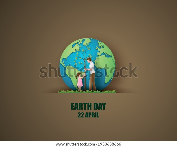 World environment and earth day concept with dad and\
daughter\
plant a tree,paper cut , paper collage style with digital\
craft .