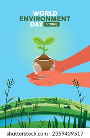 World Environment Earth Day. hand holds soil with plant sprout seed. Sustainable lifestyle, green, ecological conversation, nature poster