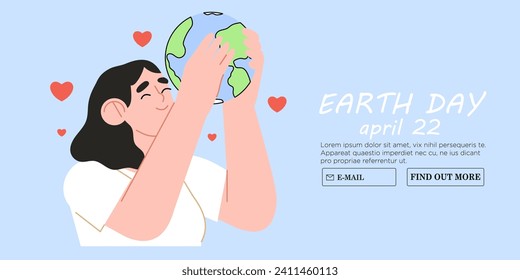 World environment or earth day poster with woman holding earth globe. Protect environment green eco concept. Green and peaceful illustration in modern flat style with girl care about our planet.