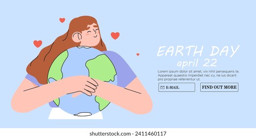 World environment or earth day poster with woman holding earth globe. Protect environment green eco concept. Green and peaceful illustration in modern flat style with girl care about our planet.