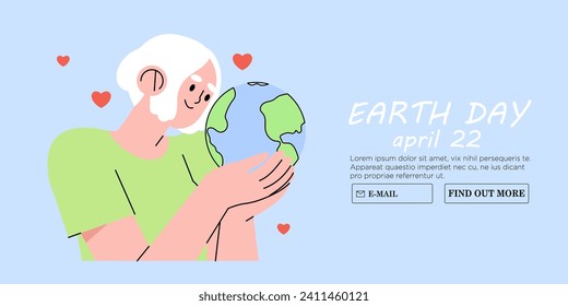 World environment or earth day poster with woman holding earth globe. Protect environment green eco concept. Green and peaceful illustration in modern flat style with girl care about our planet.