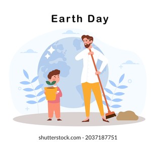 World Environment And Earth. Man And Small Child Planting Tree. Caring For Nature, Earth Day, Civic Responsibility, Family Improves Ecology. Cartoon Vector Illustration Isolated On White Background