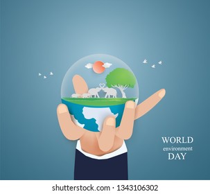 World environment and Eco earth day card design template  with  Elephant family in world on hand ,paper craft style vector and illustration 