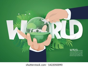 World environment and Eco earth day concept with  Animals/Wildlife family in world on hand ,paper craft style vector and illustration 