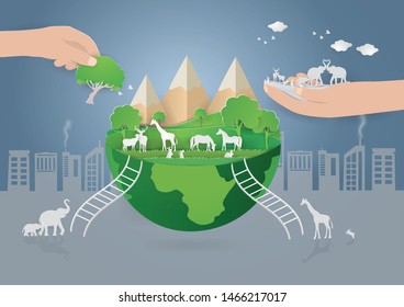 World environment and Eco earth day concept with  Animals/Wildlife family in Green world ,paper craft style vector and illustration 