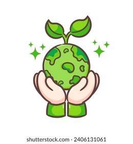 World environment icon with hand hold seed plant on earth. Save planet, sustainable and environmentally friendly concept design. Hand drawn illustration