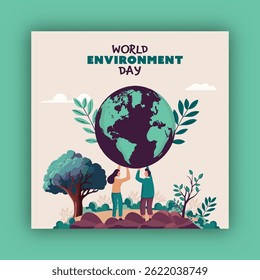 World Environment Poster with Man and Woman Character Together Holding a Planet of Earth for Save the Earth.