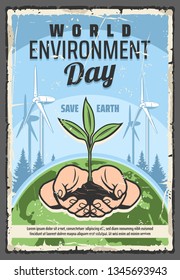 World environment retro vector. Environmental issues awareness, save the Earth concept. Eco transport and renewable energy sources, recycling garbage and wind mills, eco friendly planet