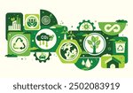 World environment and sustainable development concept with ecology icons template vector flat design, eco friendly and green technology. ESG for business and organization. Net zero and carbon neutral