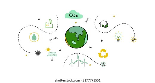 El medio ambiente mundial y el concepto de desarrollo sostenible con íconos de doodles ecológicos en aparejos, ambientes vectores, ecológicos, tecnologías verdes y símbolos ecológicos. vector aislado en estilo plano	