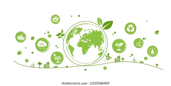 World environment and sustainable development concept with ecology doodle icons in gear, vector environment, eco friendly, green technology and ecology symbols. isolated vector in flat style