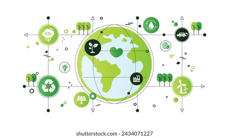 World environment and sustainable development concept with ecology doodle icons in gear, vector environment, eco friendly, green technology and ecology symbols. isolated vector in flat style
