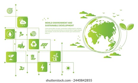 Concepto de medio ambiente mundial y desarrollo sostenible con iconos de garabatos ecológicos en engranaje, vector de medio ambiente, ecológico, tecnología verde y símbolos ecológicos.