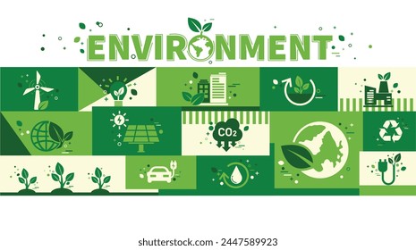 Concepto de medio ambiente mundial y desarrollo sostenible con iconos y símbolos ecológicos en el Anuncio de fondo verde, medio ambiente de Vector, respetuoso del medio ambiente, Vector aislado de tecnología verde en estilo plano.