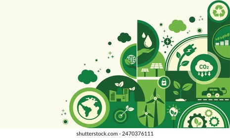 World environment and sustainable development concept with ecology  icons template vector flat design, eco friendly and green technology. ESG for business and organization. Net zero and carbon neutral