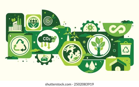 El medio ambiente mundial y el concepto de desarrollo sostenible con iconos de ecología Plantilla Vector diseño plano, ecológico y tecnología verde. ASG para empresas y organizaciones. Cero neto y carbono neutro