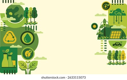 Ambiente mundial e conceito de desenvolvimento sustentável com ícones ecologia modelo vetor design plano, eco amigável e tecnologia verde. ESG para negócios e organização. Nulo líquido e neutro em carbono