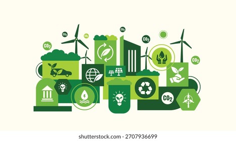 Ambiente mundial e conceito de desenvolvimento sustentável com ícones ecologia modelo vetor design plano, eco amigável e tecnologia verde. ESG para negócios e organização. Nulo líquido e neutro em carbono