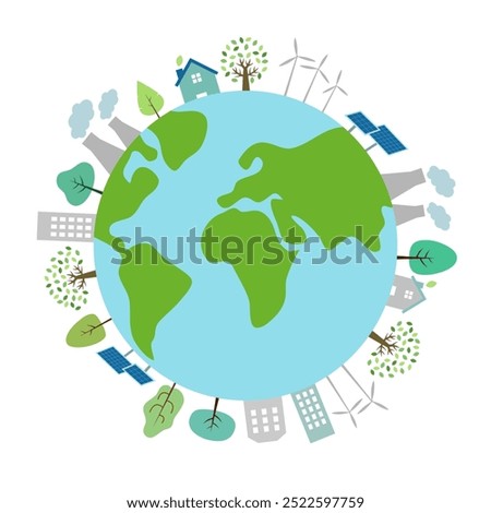 World Environment Vector Illustration with Buildings, Trees, Solar Panels, Wind Turbines in flat design. Renewable energy.
