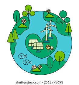 World Environment Vector Illustration with Editable Stroke Doodle Outline, Trees, Solar Panels, Wind Turbines and Fish