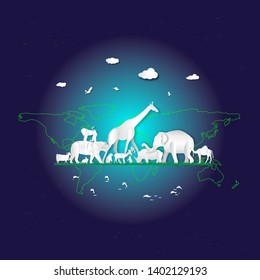 World environment or wildlife day with animal in nature of paper art style ,vector or illustration with travel or forest conservation concept