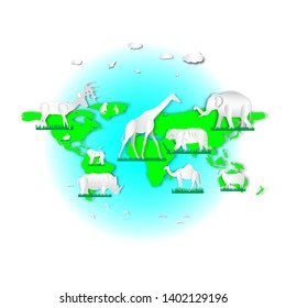 World environment or wildlife day with animal in nature of paper art style ,vector or illustration with travel or forest conservation concept