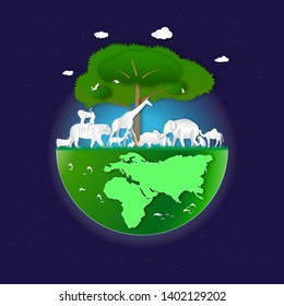 World environment or wildlife day with animal in nature of paper art style ,vector or illustration with travel or forest conservation concept