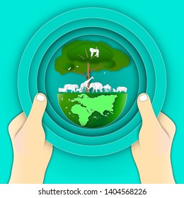 World environment or wildlife day with animal in nature of paper art style ,vector or illustration with travel or forest conservation concept