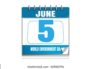 World Environmental Day. Blue wall calendar. Environmental Day date in the calendar. 5 June. Desktop calendar isolated on white background. Vector illustration