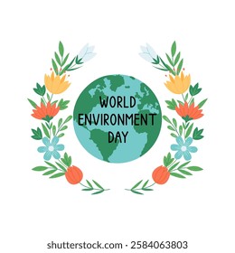 World environmental day concept. Illustration of earth inside flower wreath. Hand drawn vector illustration.