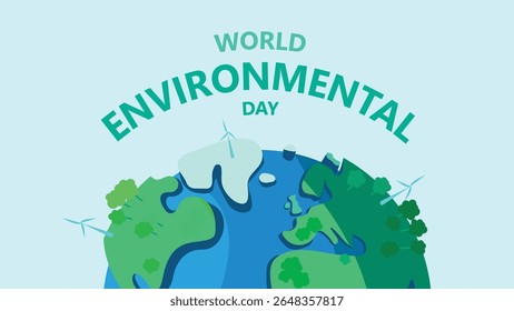 World environmental day with earth trees and wind turbine, green nature background