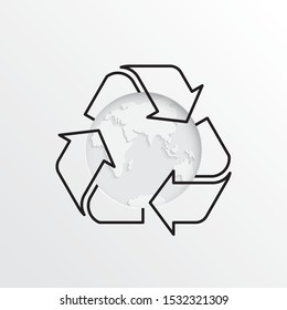 World environmental day. Earth day. Vector recycling arrows with the Earth planet. Reuse Reduce Recycle. Green vector illustration. Conscious consumption. Trash recycling logo.