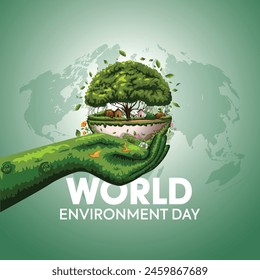 world environmental day. two hands holding with sand and tree. vector illustration design