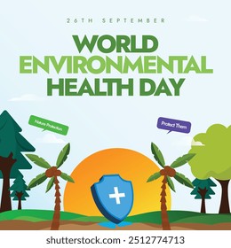 Día Mundial de la Salud Ambiental. 26 de septiembre Anuncio del día de la salud ambiental, poste con el escudo de la protección, vista de la puesta del sol, árboles. El día concienciará sobre la salud ambiental en las vidas humanas.