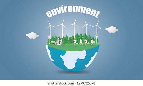 World environmentally friendly day and Eco earth day concept with People on Green city background,paper craft and illustration.