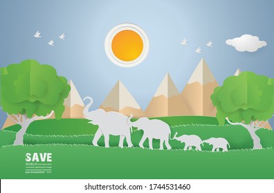 World environment,Eco earth day with Elepant family in green forest on nature background,paper craft modern style illustration.