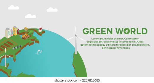 World environmet day, flat style go green and save the world with cities, hands, and plants environmental campaign illustration for banner and social media post