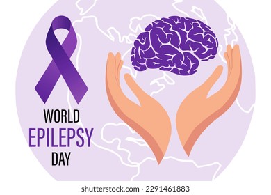 World Epilepsy Day. The human brain in the hands and a purple ribbon on the map of the world. Medical concept. Awareness poster, banner, vector
