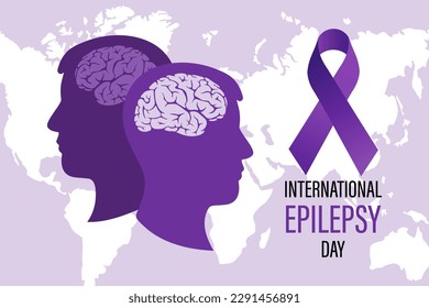 World Epilepsy Day. Human silhouettes, brain and purple ribbon. Medical healthcare concept. Poster, banner, vector	
