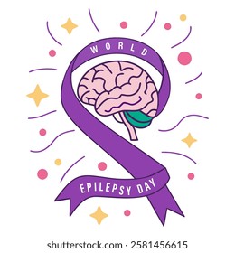 World Epilepsy Day Illustration Concept. The brain is shown in detail and the word Epilepsy written on it