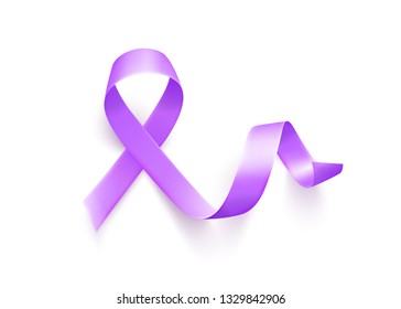 Día Mundial de la Epilepsia. 26 de marzo. Símbolo de cinta morado realista sobre fondo blanco. Plantilla para carteles con letras hechas a mano. Ilustración vectorial.
