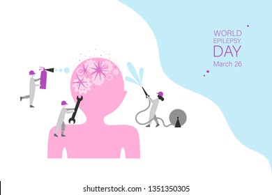 World epilepsy dayy vector banner template. Tiny firefighters, mechanic rescue patient with brain malfunction. Head silhouette with gears and sparks. Brain diseases, neurology disorders awareness