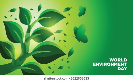 World Evironment Day Background with Green Nature Leaves and Butterflies Vector Design. For Eco-Awareness Campaigns, Environmental Posters, Nature-Themed Events, Earth-Friendly Promotions