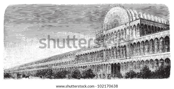 World exhibition building in London 1851 - Crystal\
palace / vintage illustration from Brockhaus Konversations-Lexikon\
1908