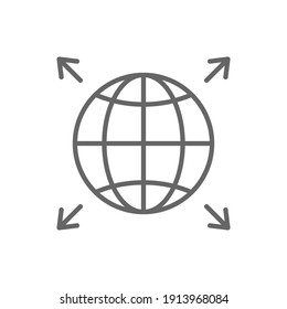 World expansion black icon. Globe line symbol with arrows. Vector isolated on white