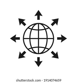 Weltweite Expansion schwarz Symbol. Globales Zeilensymbol mit Pfeilen. Vektorgrafik einzeln auf Weiß