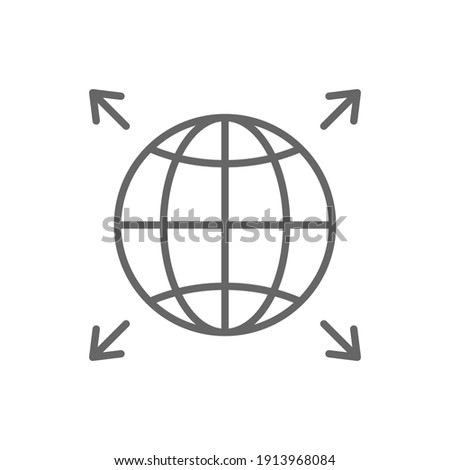 World expansion black icon. Globe line symbol with arrows. Vector isolated on white