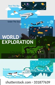 World Exploration Banner Background Badge About Explorer Traveling Over The World From Space Sky, Undersea, Jungle Ruin, To North Pole Arctic With Sample Text Layout For Website And Brochure(vector) 
