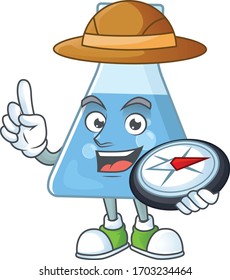 World explorer blue chemical bottle cartoon design style using compass